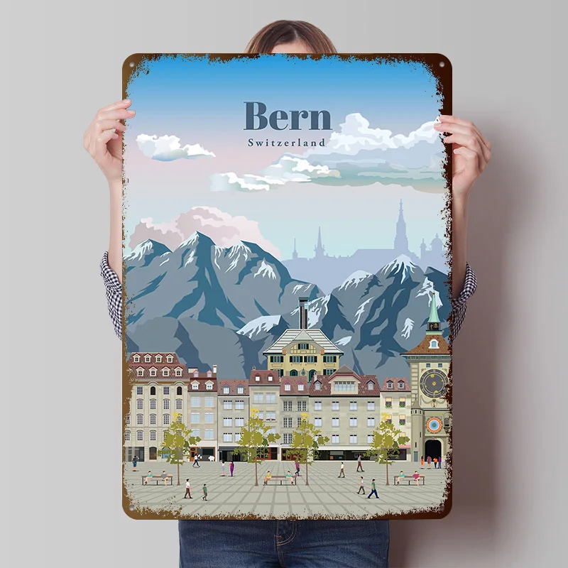Pôster Metálico de Viagem a Berna, Arte de Parede Personalizada, Placas de Metal Retrô Vintage para Decoração de Caverna do Homem, Decoração de Casa, Decoração de Sala de Estar e Ambientes de Jogos