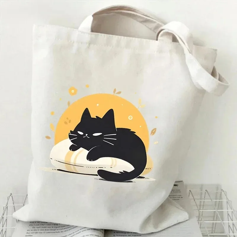 Kawaii preto gato gráfico bolsas para mulheres estilo japonês lona sacola dos desenhos animados moda bolsa de ombro para mulheres gatinho saco