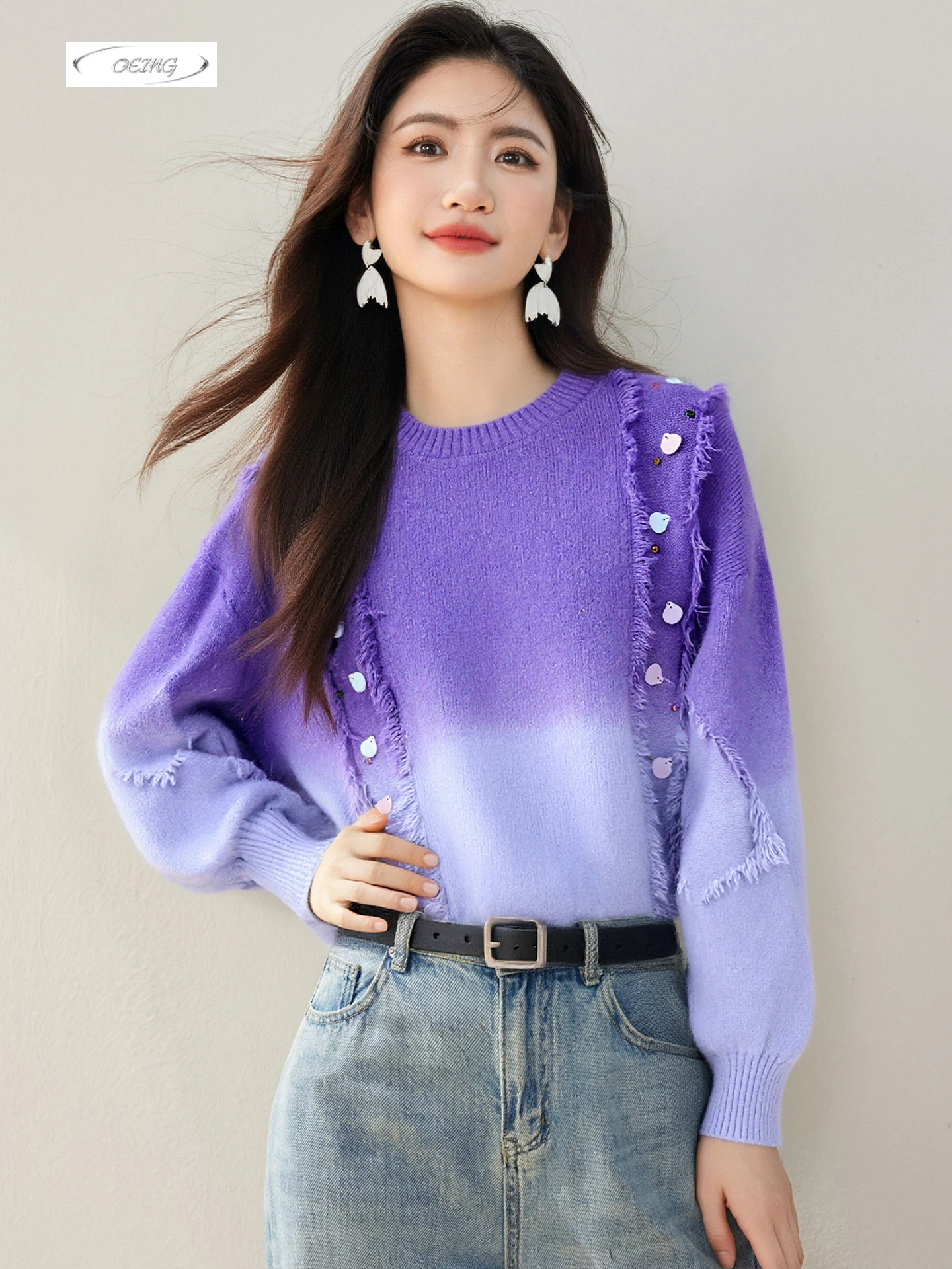 

French Tassel Gradient Purple Knitted Sweater for Women Autumn Winter Elegant Long Sleeve O-neck Loose Pullover Tops Jumper 9715