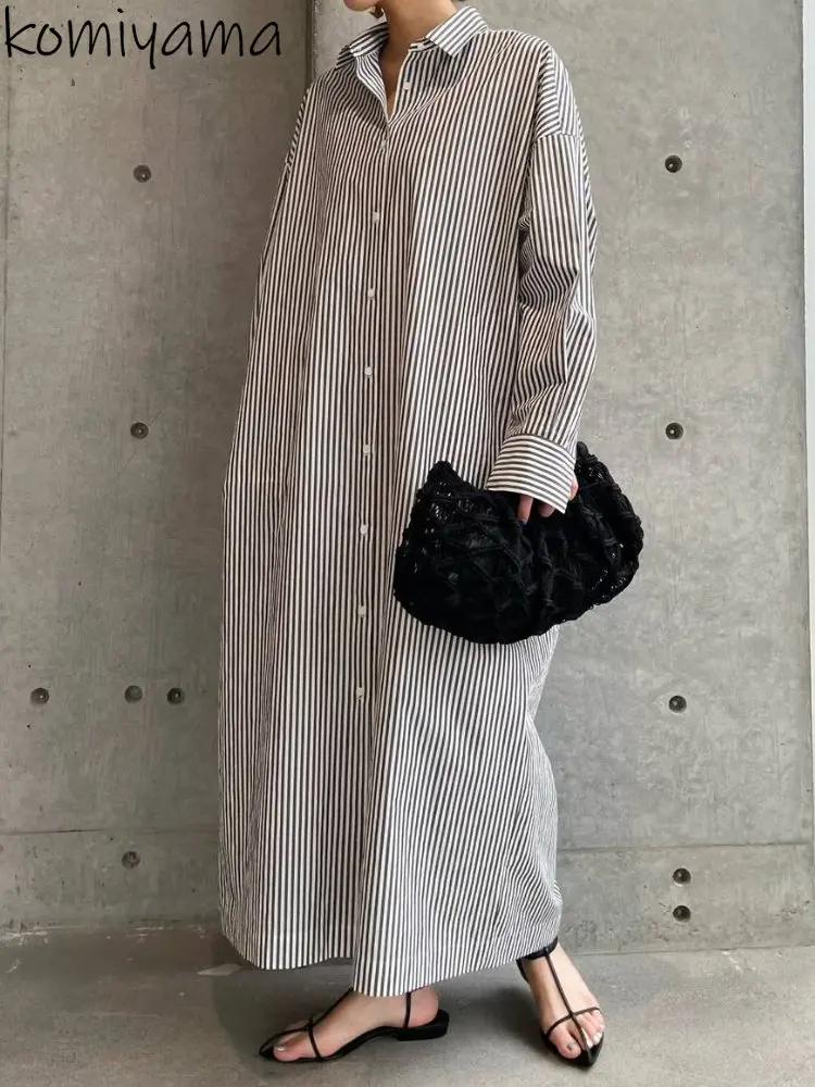 Japanese fashion Robe Femme Laple Long Sleeve Striped Dress Single Breasted Vestidos Mujer Summer Loose Casual Dresses Women