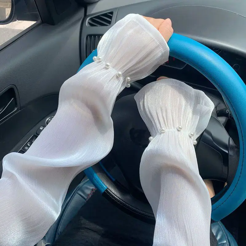 

Women Pearl Anti-Sunburn Arm Cover Summer Long Sleeves Cycling Driving Arm Warmers Elastic Anti-UV Loose Cool Hand Sleeves
