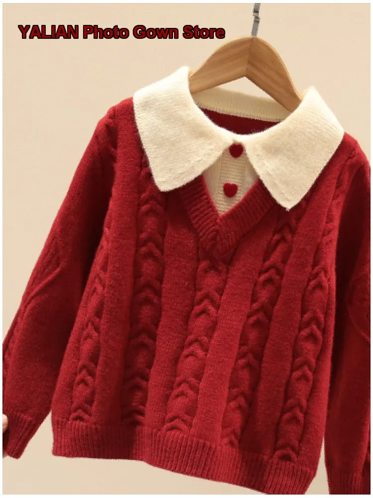 La Chapelle Girls’ Cable Knit Fake Two-Piece Children’s Stylish Winter Greeting Outfit Knit Top Kids
