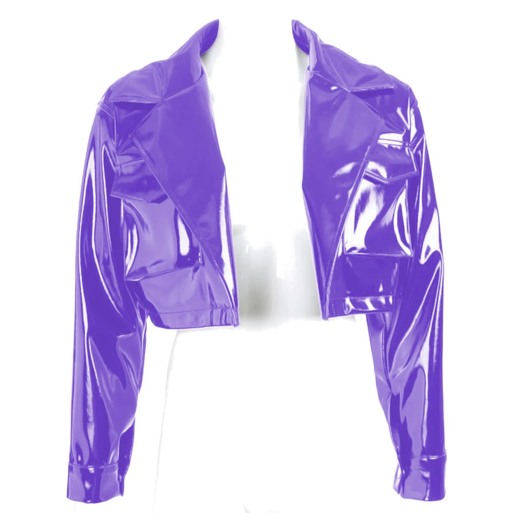 Short Jacket with Turn-down Collar Pocket for Women,PVC Short Jacket, Motorcycle Long Sleeve, Cropped Trench Coat