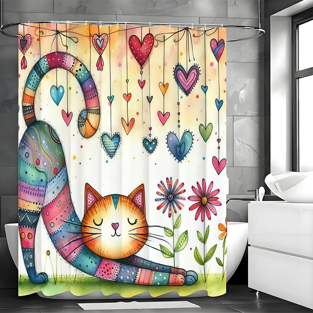 Cute Cat Love Collage Art Shower Curtain, Bathroom Decorative Shower Curtain, Waterproof Shower Curtain with Hooks