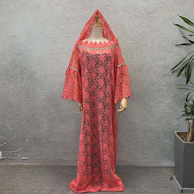 Women Lace Hollow Abaya African Dresses Guipure Cord Lace Boubou Bazin Long Robe Dress With Inner And Scarf Sets Ladies Clothing