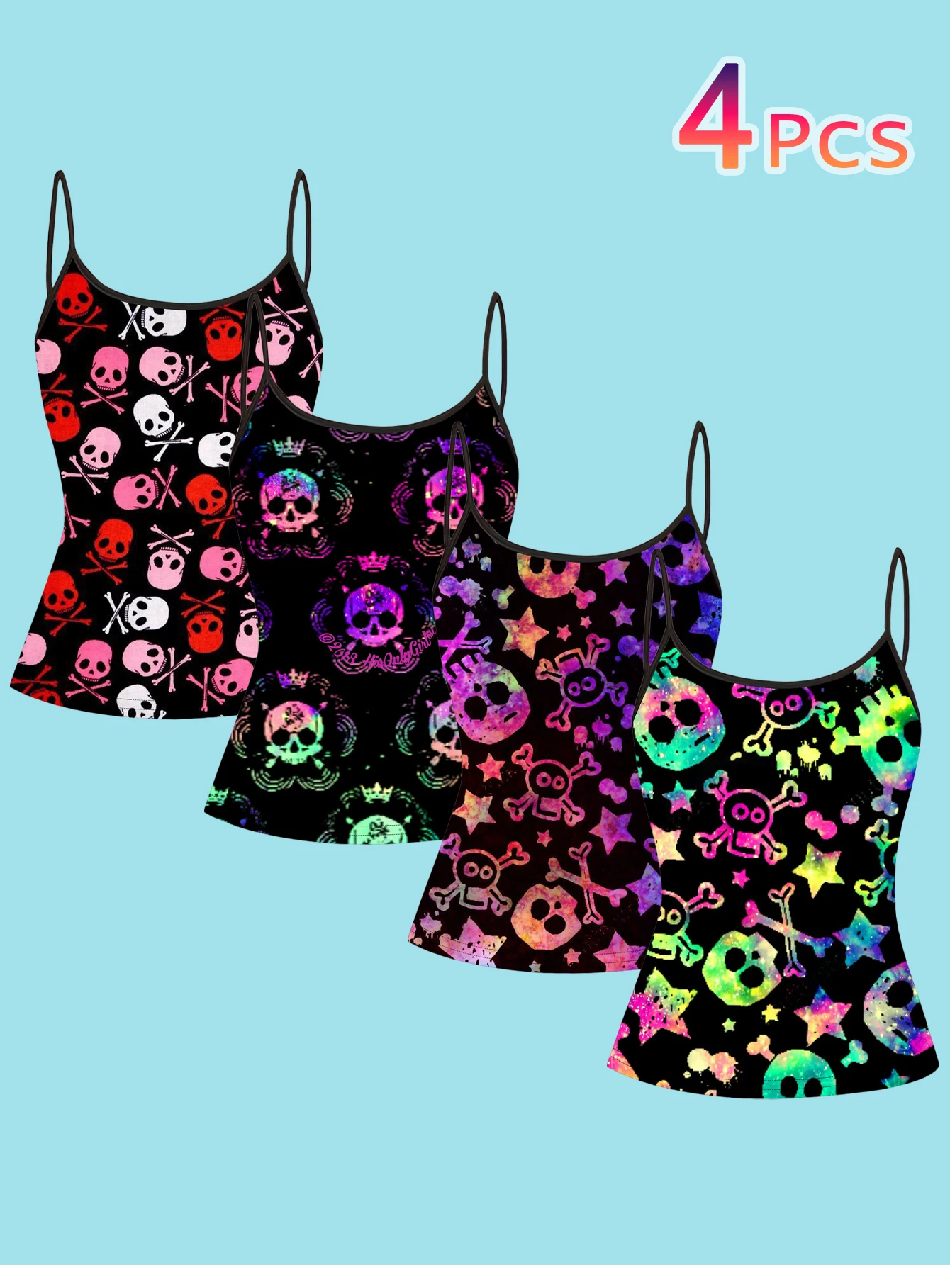 4-Piece Set of Women's Y2K Tie-Dye Gradient Skull Print Camisoles with Laser Crown and Star Subculture Design, Slim-Fit Spaghetti Strap Inner Tops