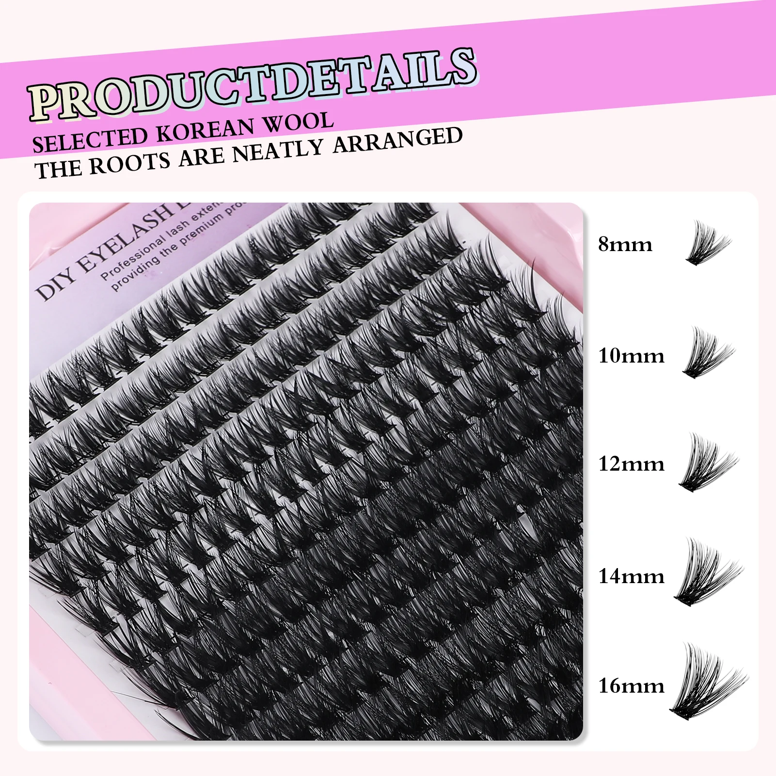 60D Curling Up Volume Individual False Eyelashes 8-16mm 280pcs Mixed False Eyelash Extension with Bond and Seal Tweezers Kit