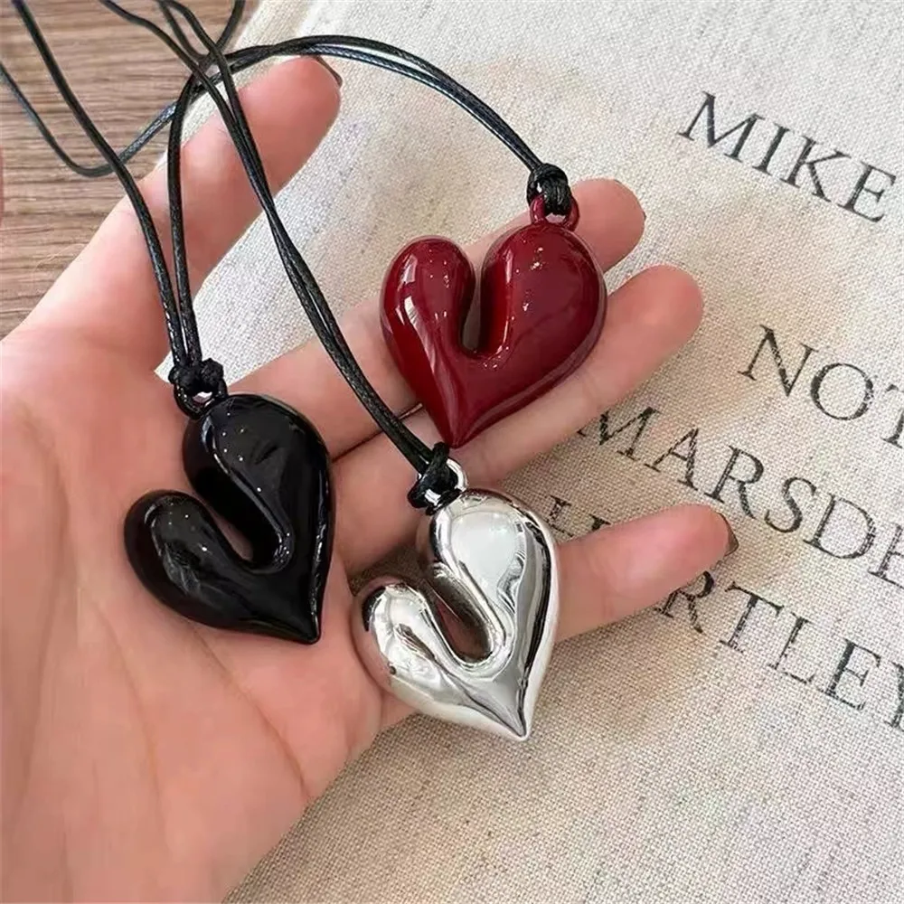 Grande irregular amor coração camisola colar corda preta longo colar presente para amigo preto vermelho prata cor coração jóias festa