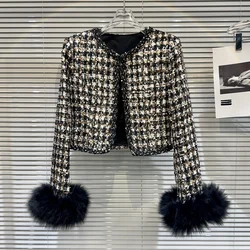 Crop Top Jacket for Women, Fluffy Fake Fur Cuffs Collar, Sequined Plaid Short Coat, Tweed Jacket, Outwear for Autumn Winter, Y2k