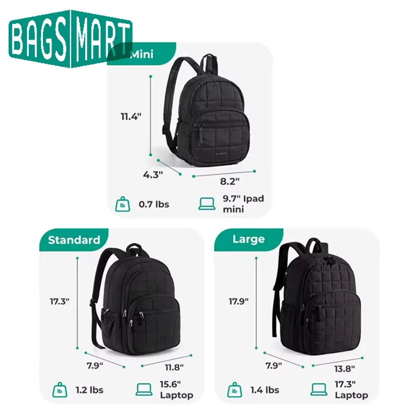 BAGSMART College Laptop Backpack Travel Backpack for Women Quilted Casual Daypack Water-Resistant Bookbag for 15.6 Inch Laptop