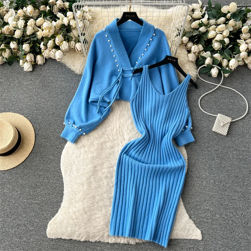 Autumn Winter Women Fashion Knitted Sets Long Slim Sling Dress Beaded Short Knitted Sweater Jacket Ladies Sweet Two-piece Sets