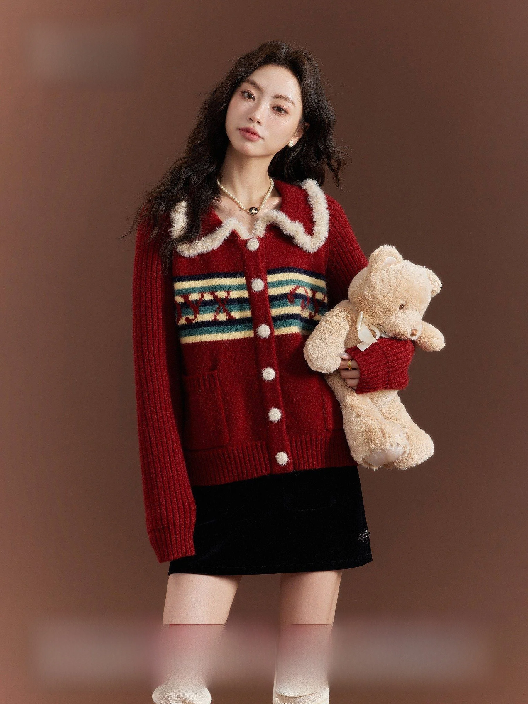 

Red V-Ne Open Cardigan Sweater Women's Faionable Winter Spring Long Sve Button up Knitwear Cisas Hot Wine