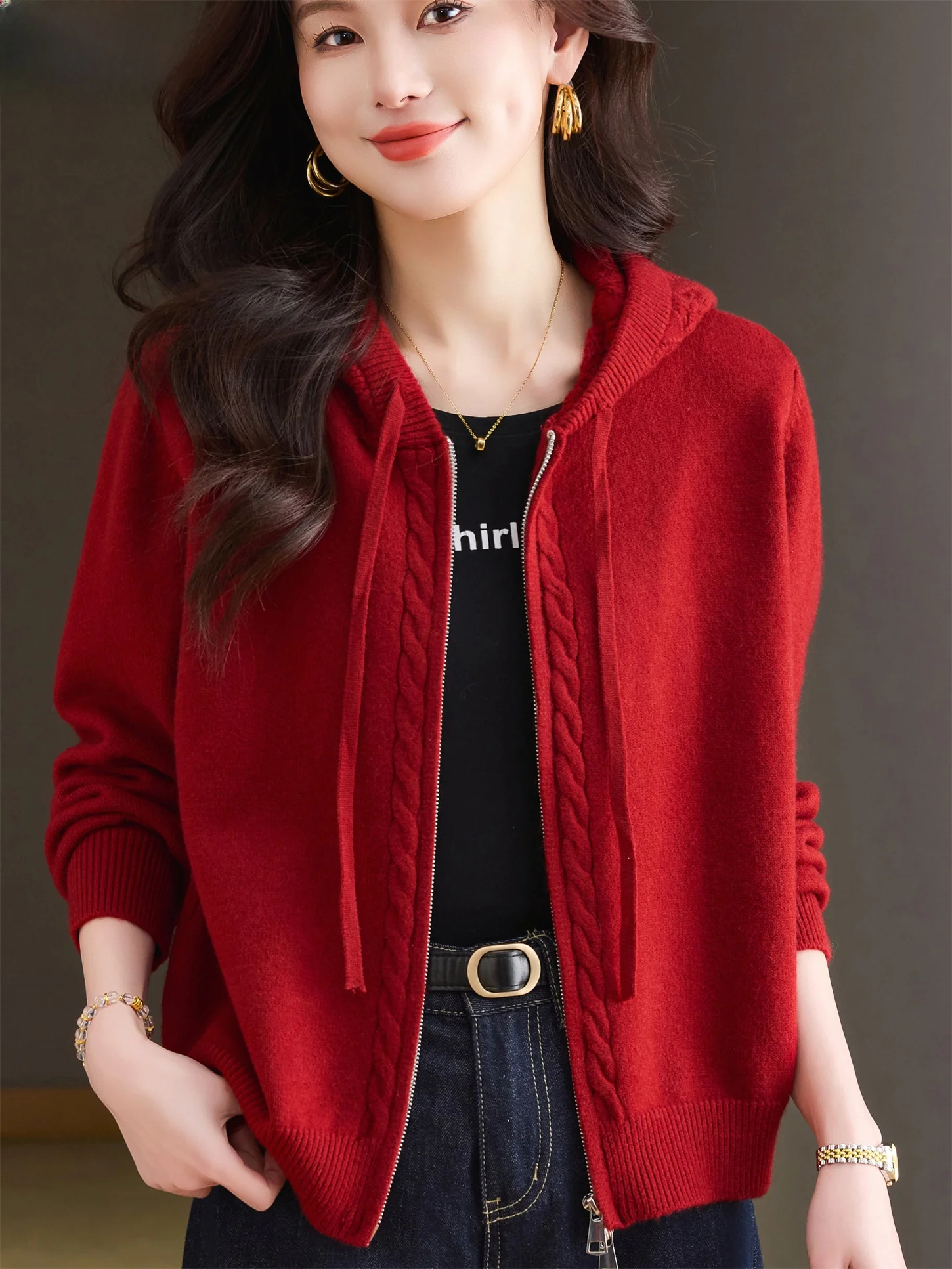 

Весенне-осенний шерстяной вязаный кардиган на молнии, женская верхняя одежда, модный свободный крой, теплый свитер-пальто для женщин старшего возраста