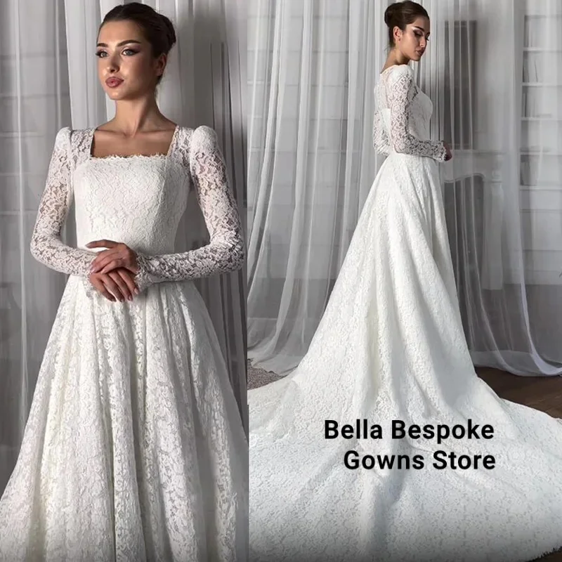 

Hot Arabian Wedding Dresses for Woman Customized Long Sleeves Square Neck Chapel Train Lace Muslim Bride Dress Bridal Gown