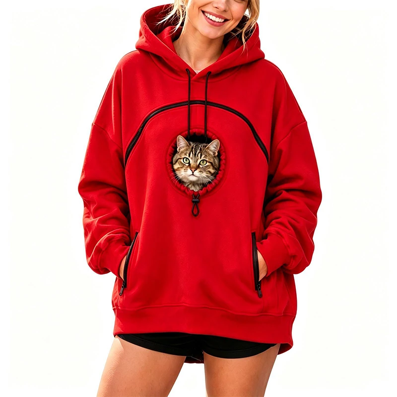 Damen-Haustier-Hoodie mit langen Ärmeln, warmer Katzenpullover mit Kapuze und Katzenfuttertasche, Oversize-Hoodie mit Kordelzug zum Tragen von Haustieren – Detail 13