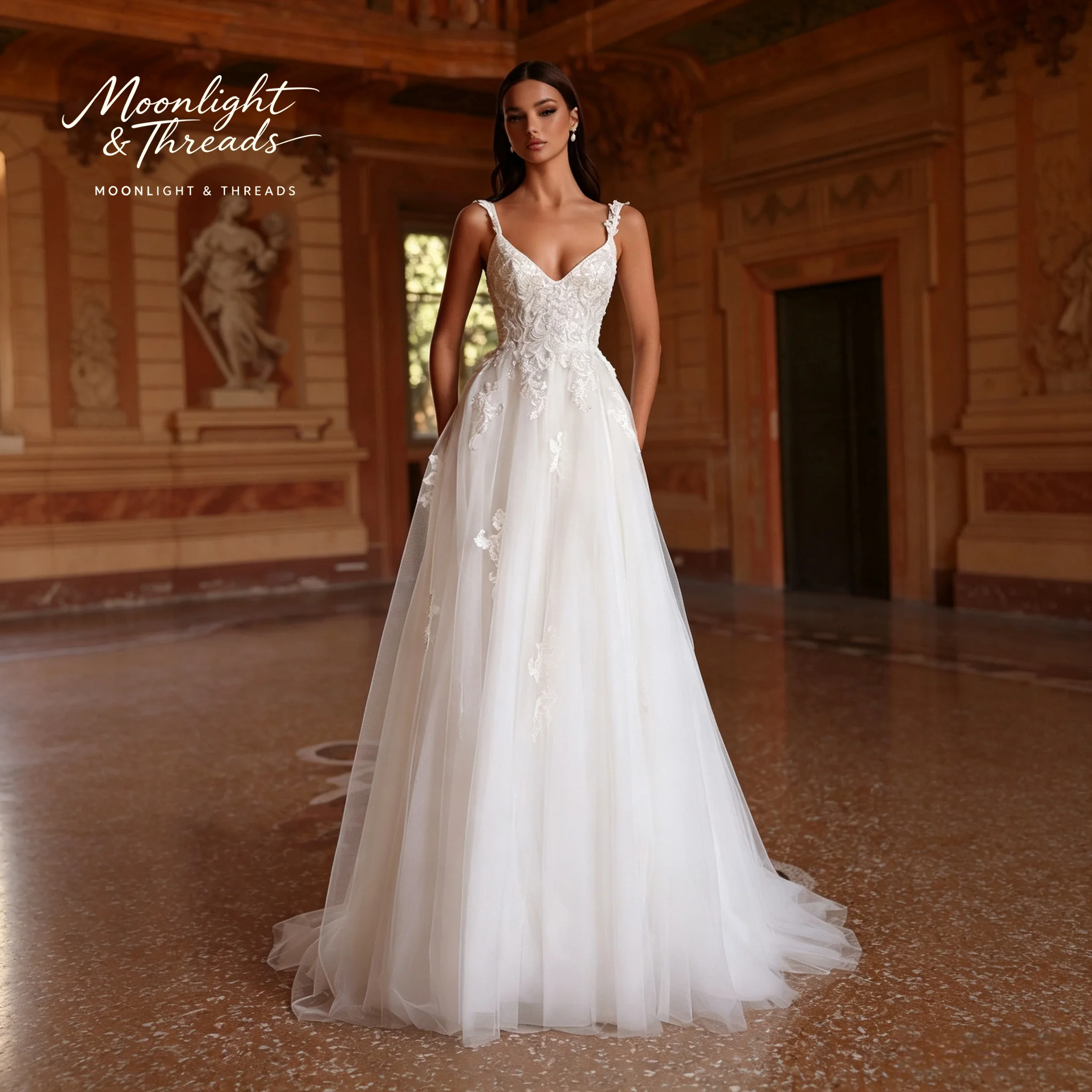 Embroidery White Dress - White halter-neck sleeveless tulle dress floor-length