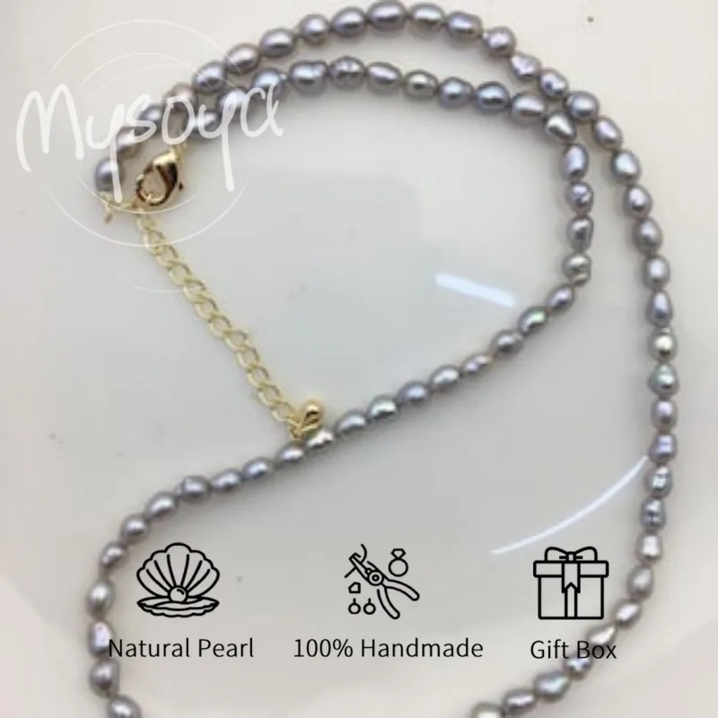 

MYSOYA Gray Rice-shaped Baroque Freshwater Pearl Necklace 5-6mm With Gift Box For Her/Him Birthday/Wedding/Christmas/New Year