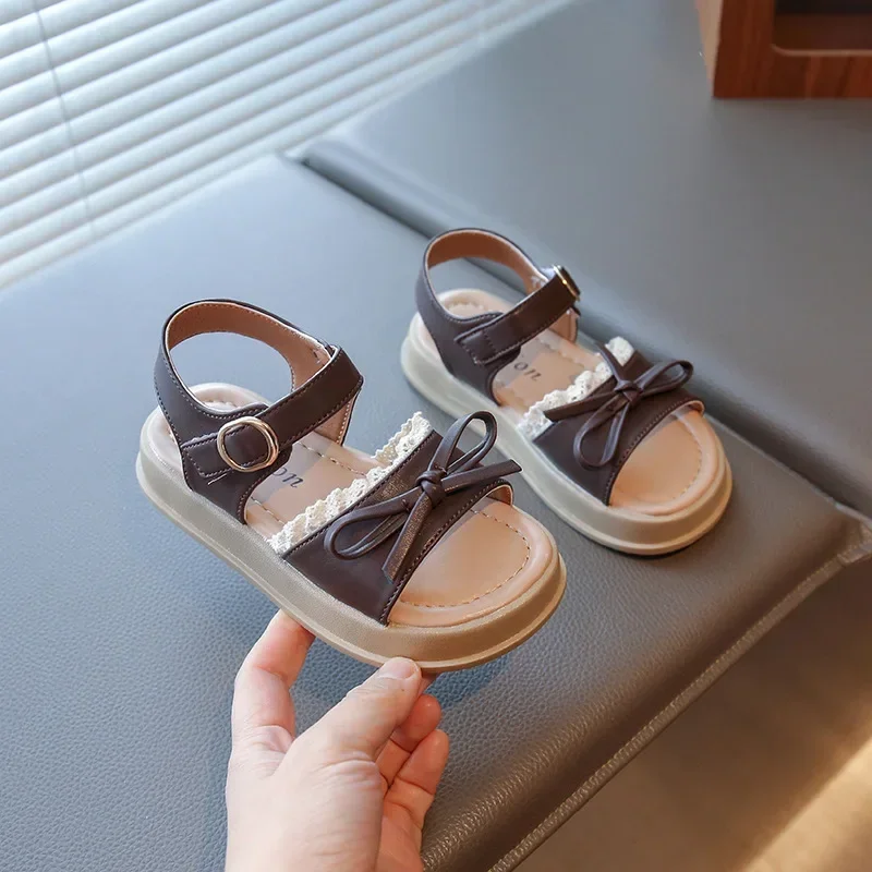 Kids Sandals Open Toes Simple Bows Girls Beach Shoes Lace Sweet 2025 Summer New Children Princess Shoes Soild Color Fashion