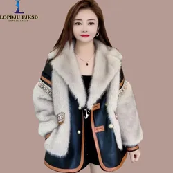 Faux Fur Coat for Women, Spliced Leather Jacket, Thick Warm Clothes,Double Breasted, High Quality, Autumn and Winter