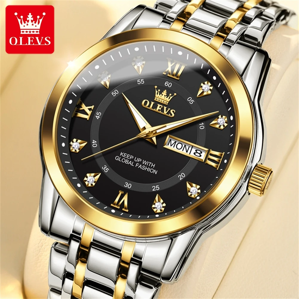 OLEVS Luxury Original Quartz Watch For Men Women Diamond Dual Calendar Couple Watches Stainless Steel Waterproof Wristwatch 5513