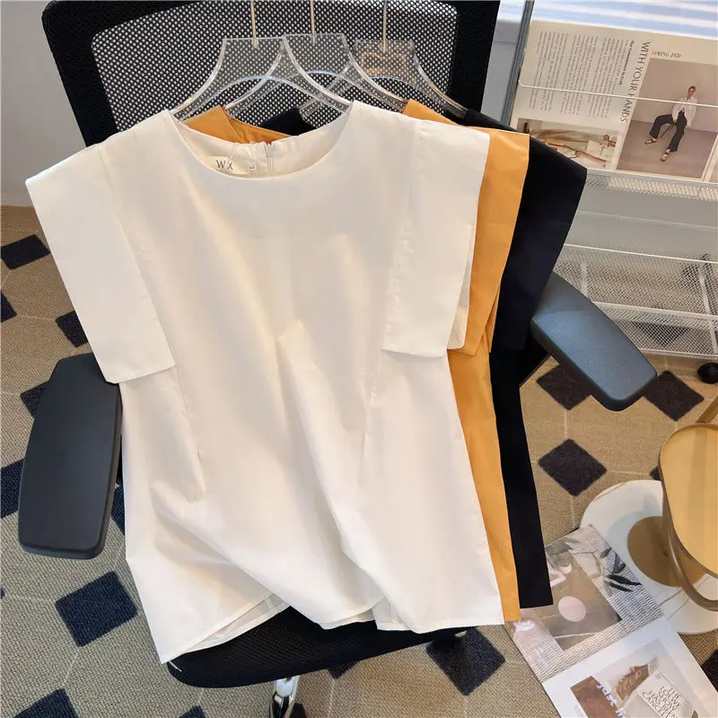 

Women's Clothing Casual Solid Color Simplicity Flying Sleeve Shirt Summer Korean All-match Round Neck Spliced Blouse for Female