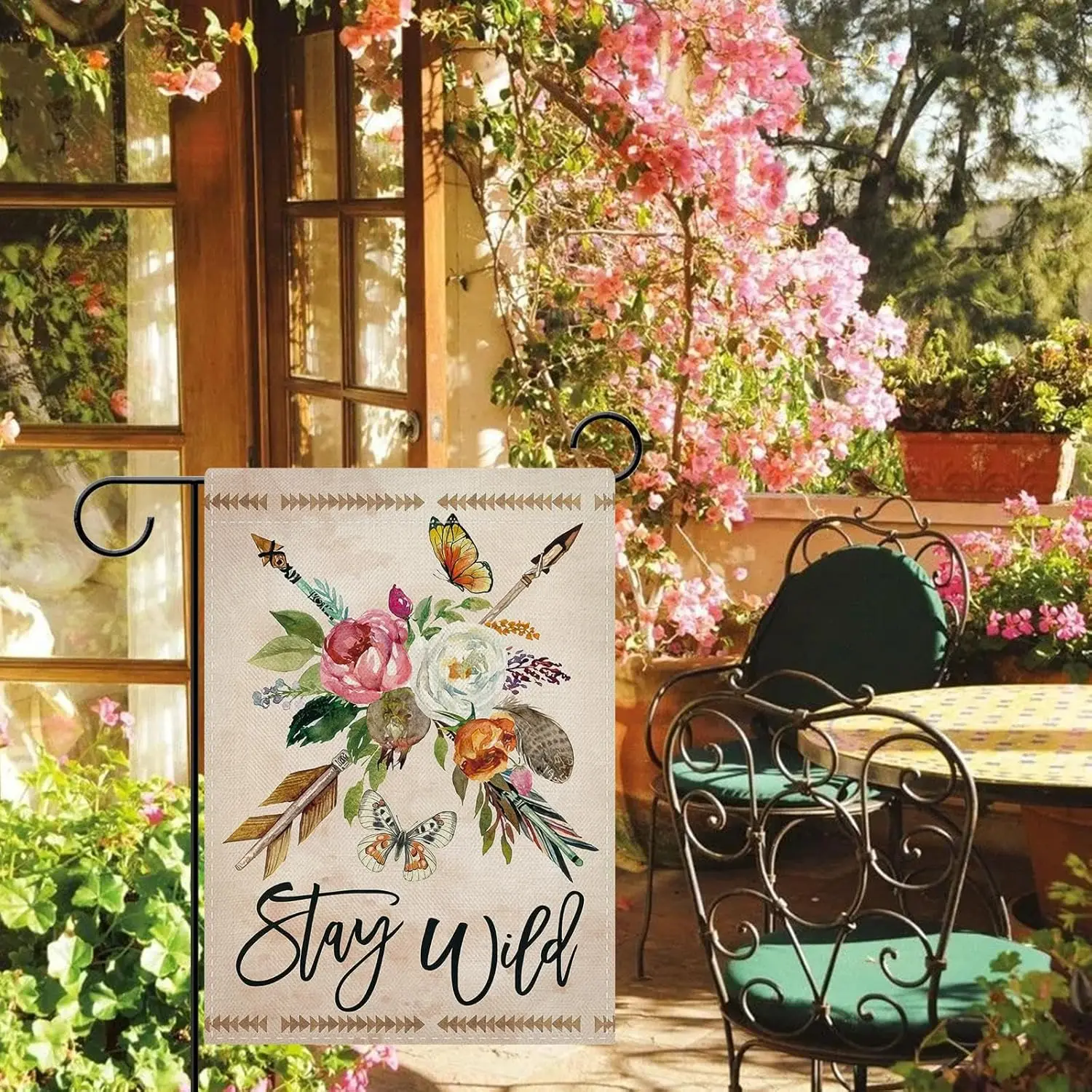 Dyrenson Boho Stay Wild Floral Decorative Garden Flag, Inspirational Vintage Flower Arrow Butterfly Yard Outside Home Decora AAS