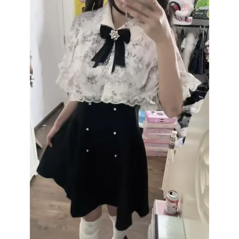 Bow Y2K Dresses Japan Shawl Detachable Dual Use Splicing Lapel Home Subculture Dress 2 Piece Set Summer Cute Outfit Dresses New