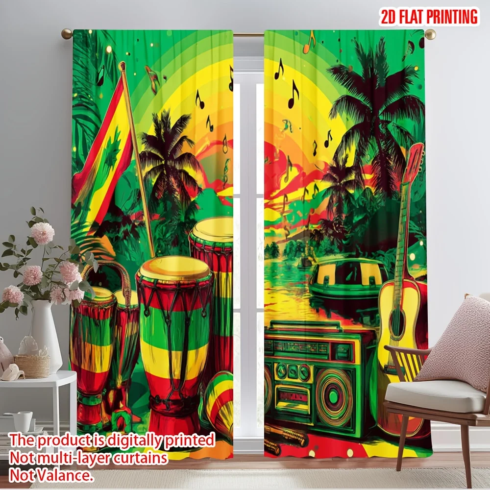Reggae Music Theme Blackout Curtains - Jamaica Flag Guitar Palm Tree Graphic Window Drapes for Living Room Bedroom Decor