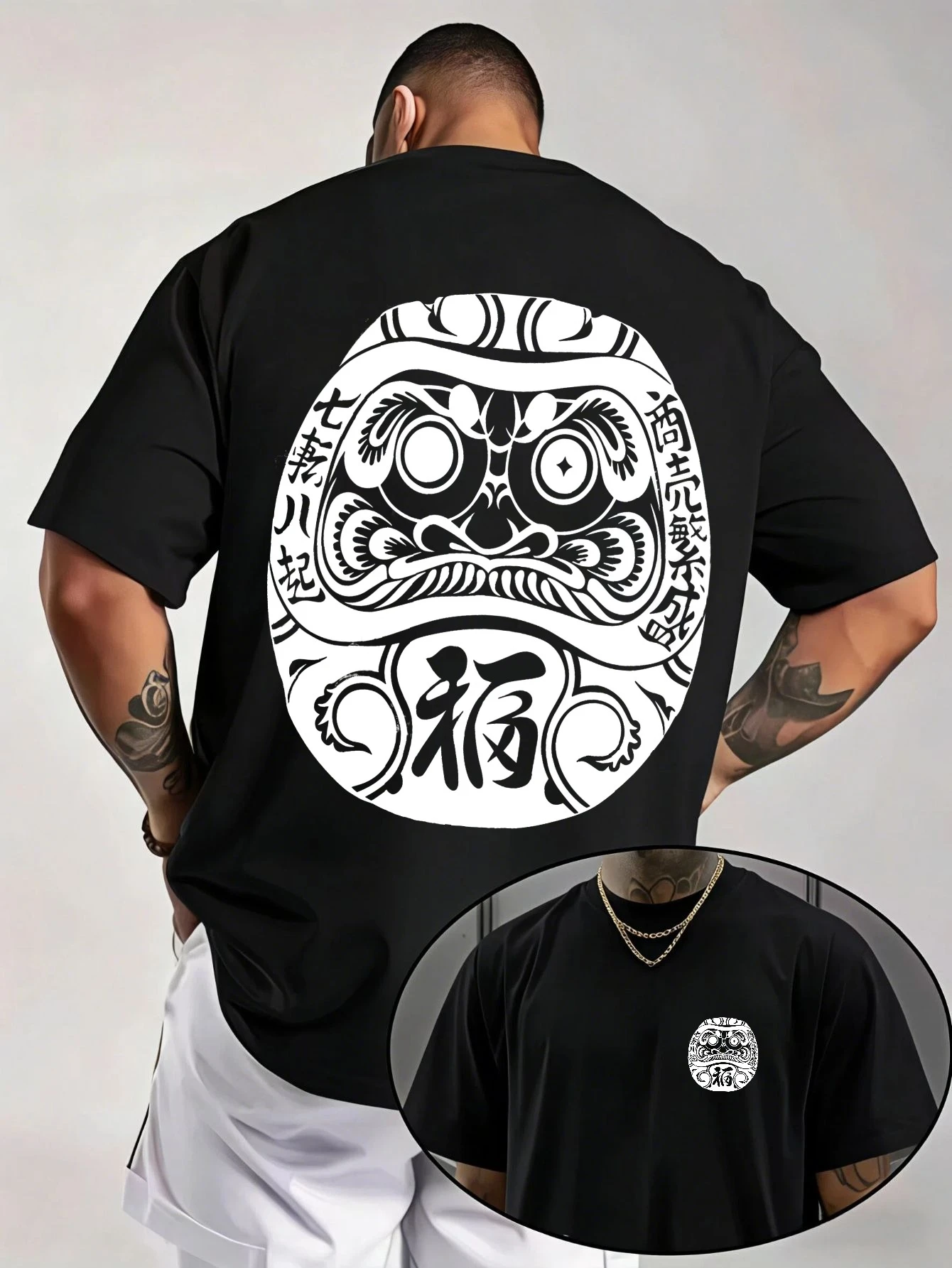 Herren-T-Shirt mit traditionellem japanischen Daruma-Masken-Design, schwarz, lässige Streetwear, Sommerkleidung – Detail 4