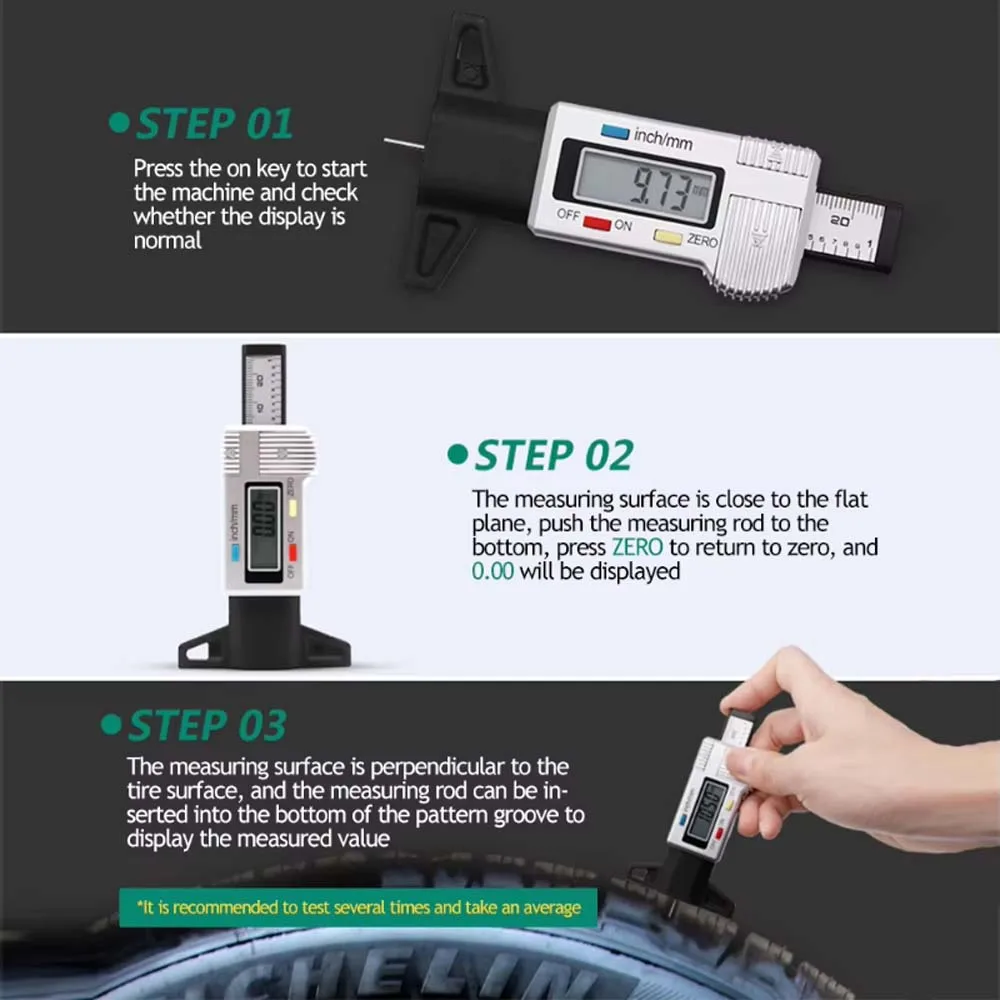 Cyfrowy miernik głębokości bieżnika do miernika grubości opon samochodowych Wykrywanie zużycia opon samochodowych Narzędzia pomiarowe Suwmiarka głębokości