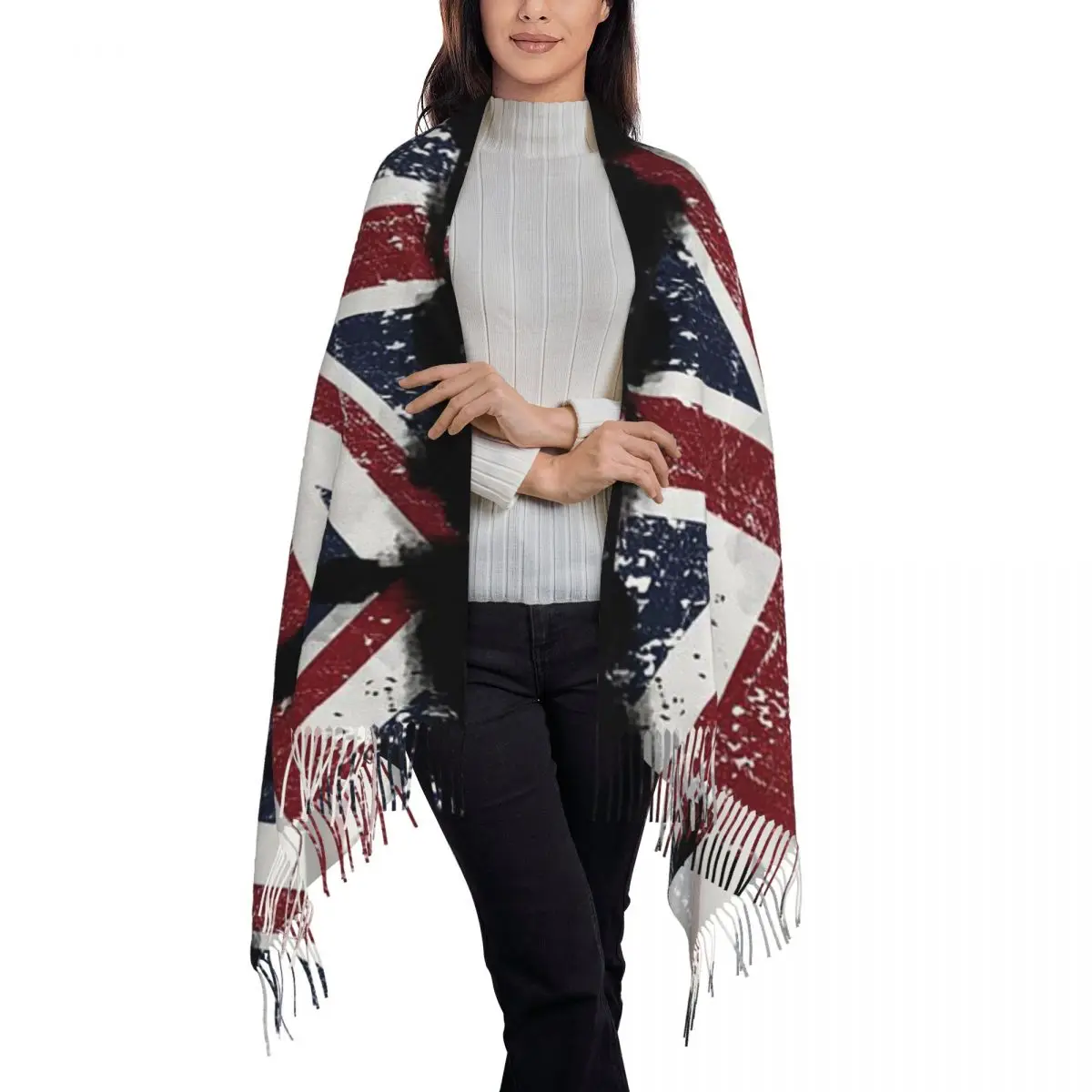 Distressed British Flag Black Grey Union Jack Face Mask UK Scarf Tassel Scarves for Women Shawls Wraps Fall Winter Shawl Wrap