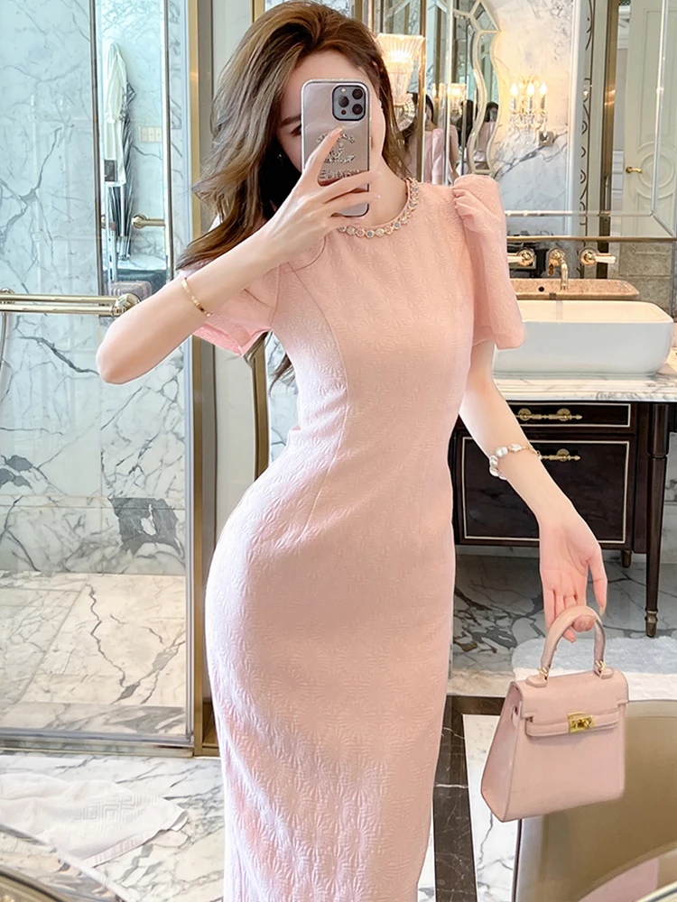 2023 Elegant Fashion Midi Dress Women Sweet Colorful Diamond Bubble Sleeve Split Robe Femme Party Banquet Vestidos Mujer Summer