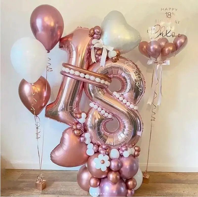 32Pcs Adult Birthday Decor Metallic Latex Balloons Rose Gold Number Foil Globos 18 21 30 40 50 60 Year Birthday Party Supplies