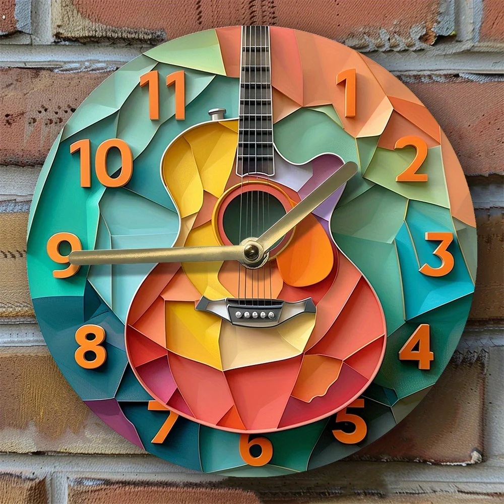 Guitar-Themed Wall Clock with 3D Colorful Design, Non-Ticking DIY Decorative Timepiece for Living Room, Unique Musician Gift