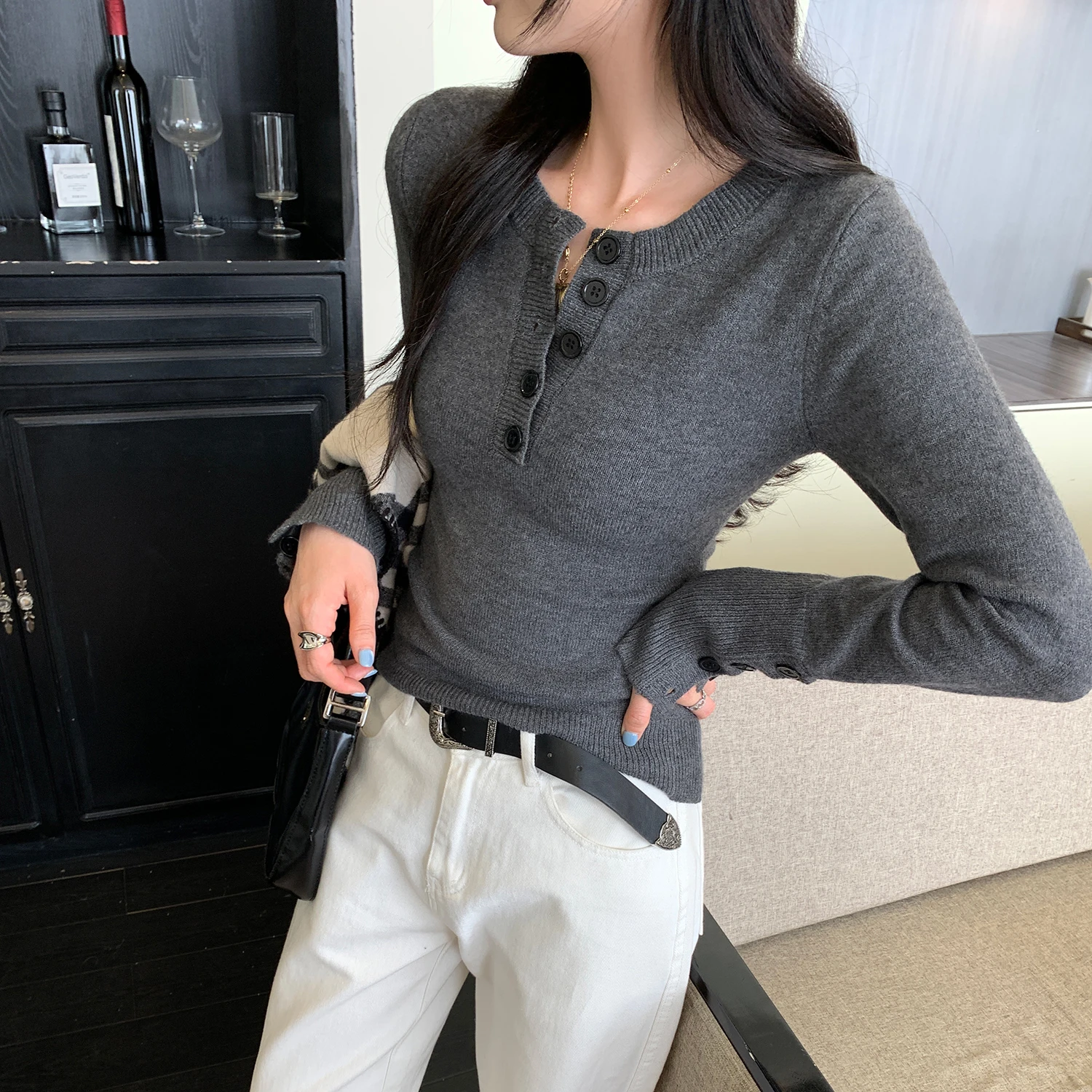 Sli f-Unbuttoned Base de punto irt Ropa interior adelgazante de otoño invierno para mujer Top suave francés Sle Long Sve redondo...