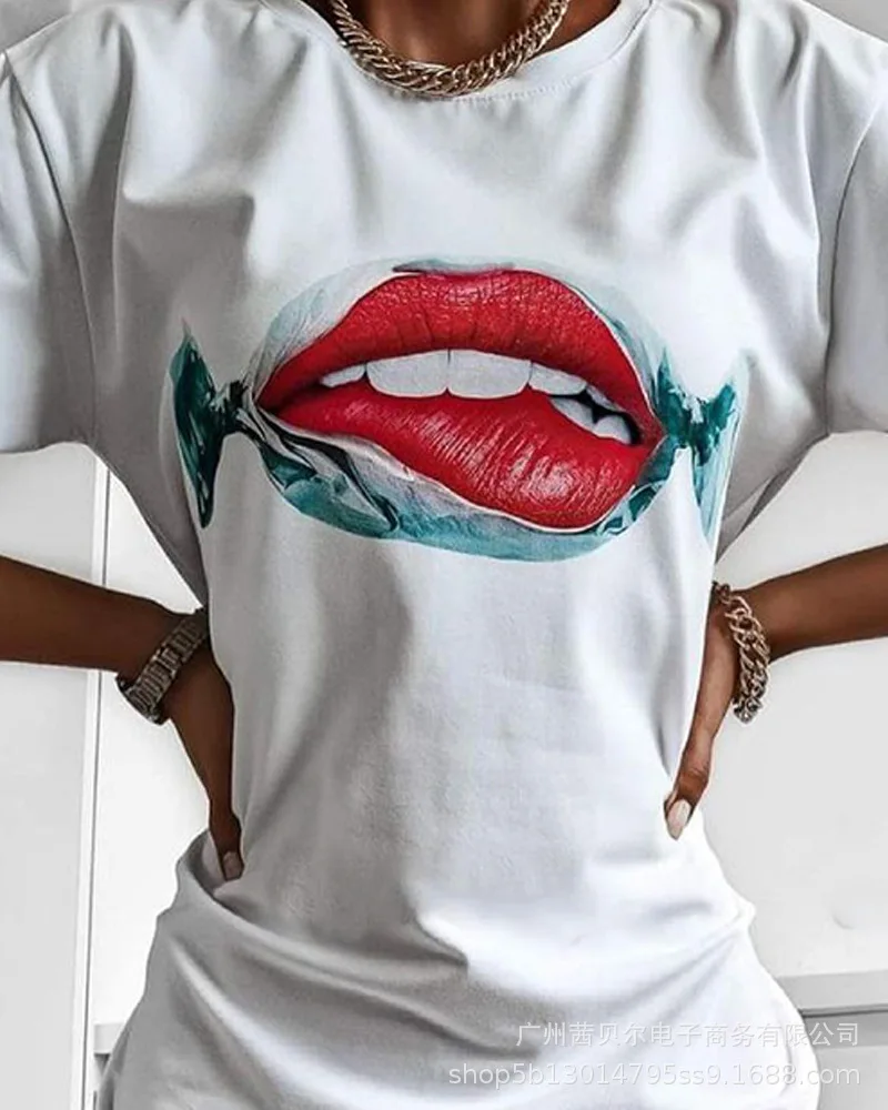 2026 nuovo abito T-shirt con labbra stampata per ufficio da pendolarismo casual alla moda