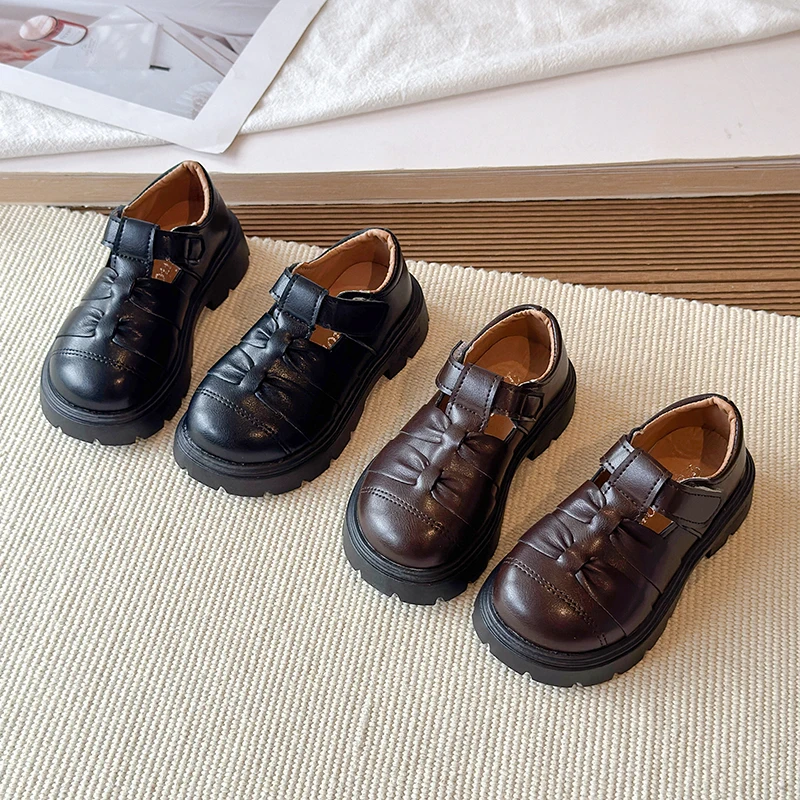 Formal Shoes Girls Leather Shoes Black for School Party Wedding Hook & loop Kids College Classic Fashion Soft 26-35 Breathable