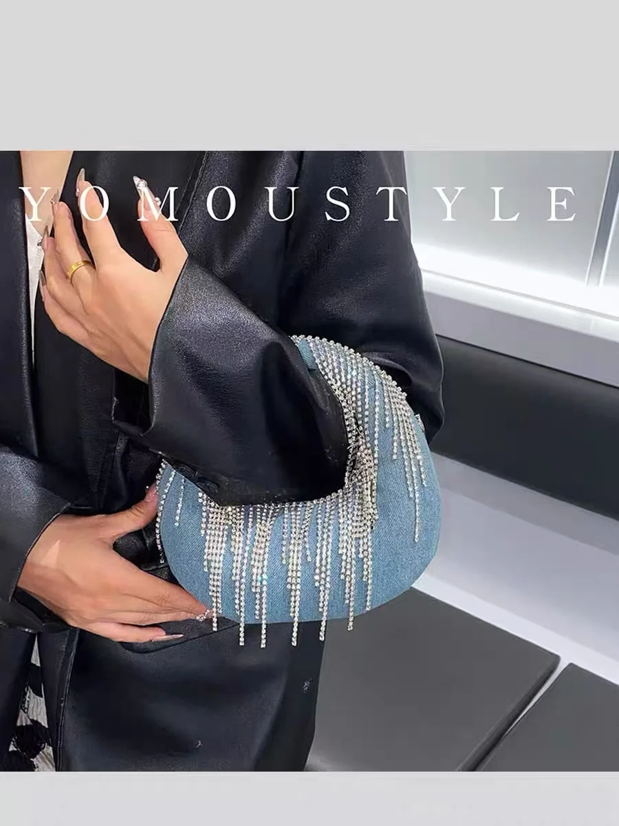 Fashion Blue Denim Hobo Bag Women\'s Handbag Luxury Glitter Diamond Tassel Evening Bag Wedding Party Clutch Purse Shoulder Bag