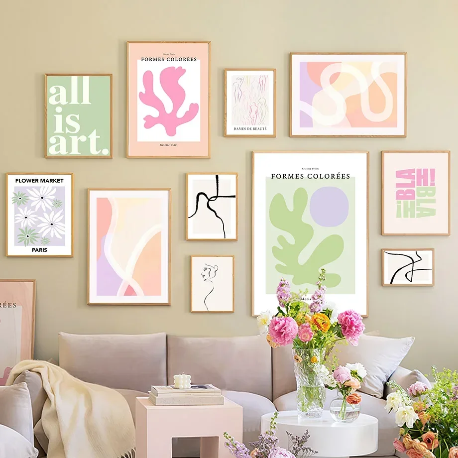 Spring Fresh Indie Pop Pink Green Flower Pastel Leaf Wall  Print Canvas Painting Posters for Living Room Modern Home Decor