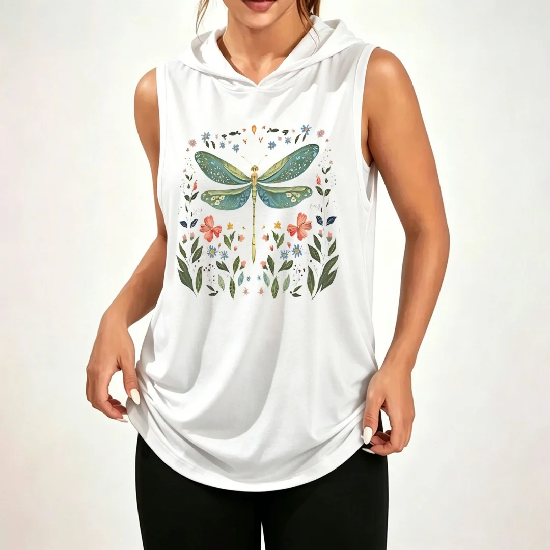 Sudadera sin mangas unisex – Estampado de libélulas y flores silvestres estilo acuarela, 100% poliéster, top deportivo informal de corte holgado.