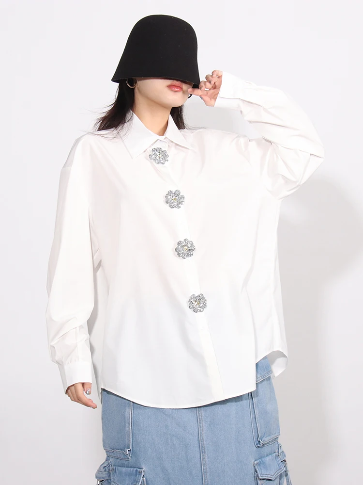 GALCAUR Minimalist Casual Patchwork Diamonds Shirts For Women Lapel Long Sleeve Single Breasted Autumn Solid Loose Blouse Female