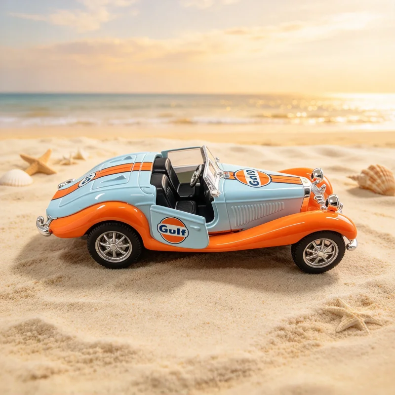 Antique Style Convertible Alloy Car Replica, Vintage Roadster with Racing Paint Scheme, Static Collectible Vehicle Model for Hom