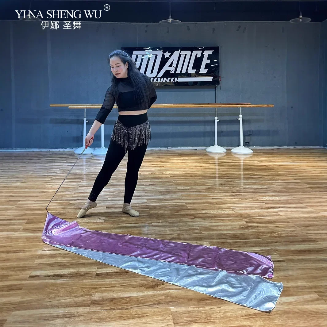 New Flag-swinging Stage Costume Ribbon Rectangle with Telescopic Stick Silver Pink Double-layer Flag Performance Props