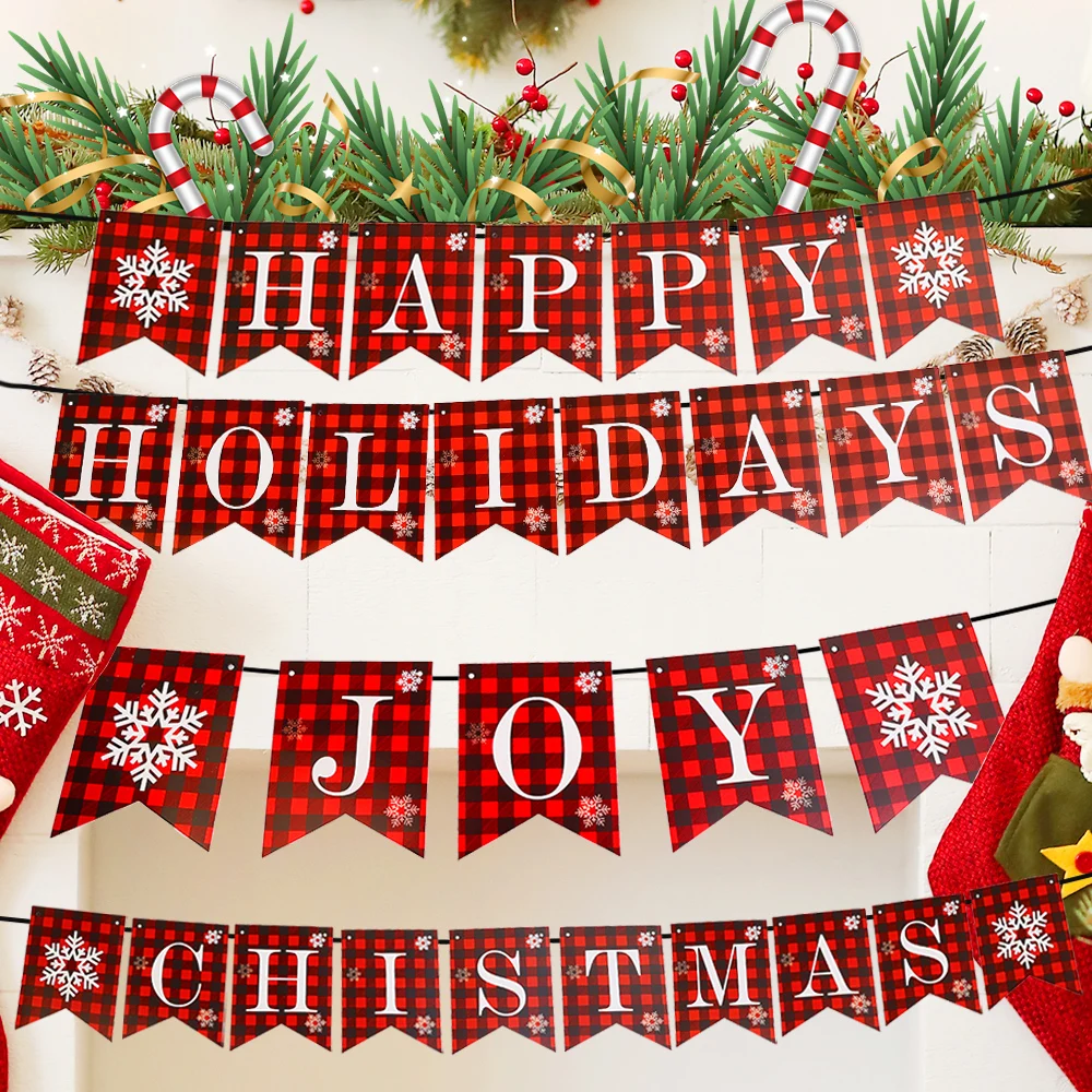 Christmas Red and Black Plaid Banner Cardboard Snowflake Elk Alphabet Pull Banners New Year Parties Home DIY Decoration Supplies