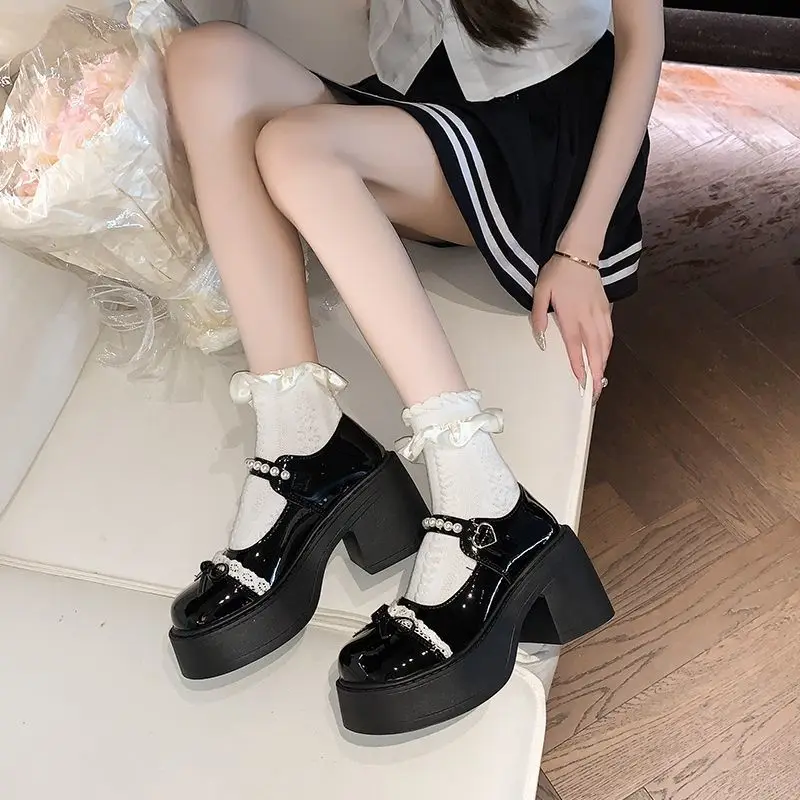 

2026 Women's Mary Janes Shoes Japanese Style Retro Pearl Bowknot Platform Loafers Height Increasing Preppy Vintage Leather Pumps