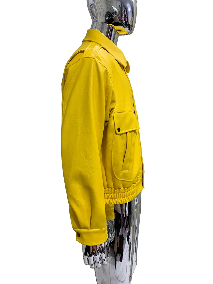 Spring Autumn Cool Short Bright Yellow Pu Leather Jacket Men Turn-down Collar Red Luxury European Fashion Black Clothes 2025