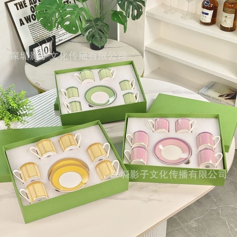 

European Minimalist Luxury Gold Rim Bone China 12-Piece Espresso Cup Saucer Set Gift Box