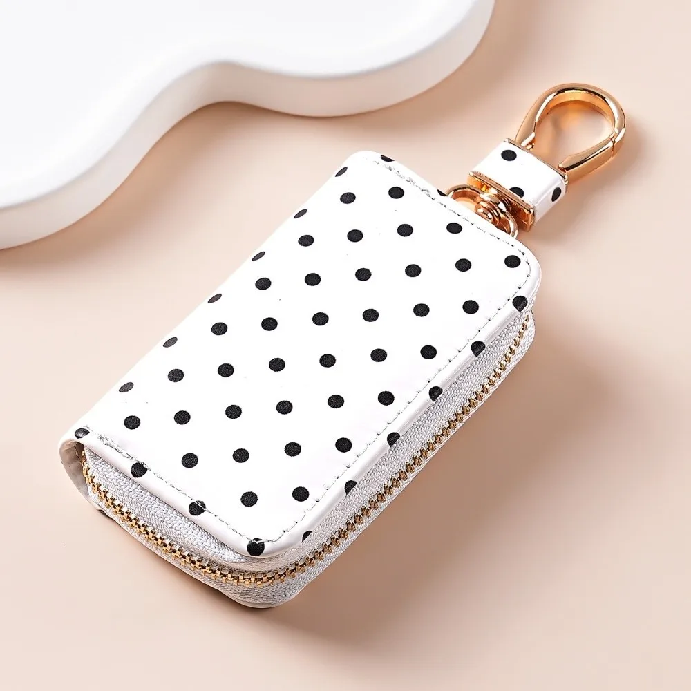 Durable Polka Dot Key Pouch Metal Clasp Compact Zipper Key Protection Cover Pu Leather Water Resistant Small Wallet Gift