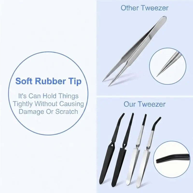 4PCS Rubber Tip Tweezers Set, Reverse Tweezers For Crafting Stainless Steel PVC Coated Bent And Straight Flat Tip