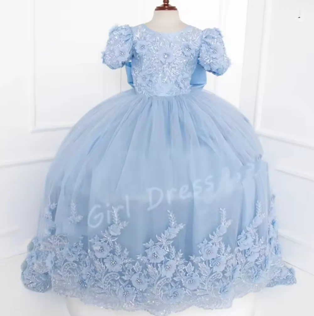 

Customized Sky Blue Floral Appliques Flower Girl Dress with Short Sleeves Bow Detail Princess Birthday Prom Gown for Wedding